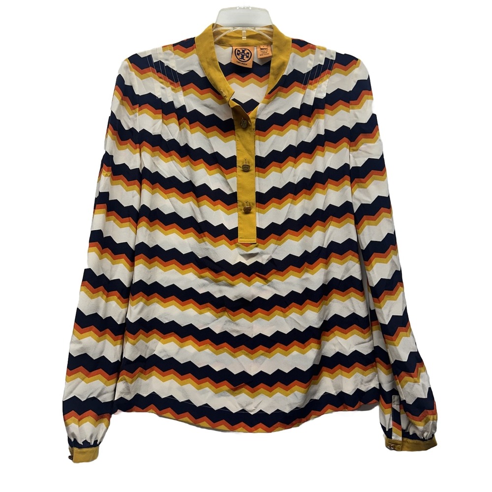 Tory Burch Womens Size 6 Orange Red Long Sleeve Button Up Silk Top (K5)